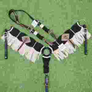 Juego de cabezada de mohair gris oscuro, azul cielo y beige sobre cuero argentino - Product Image 1