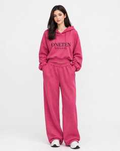 ONETEN Women <b>Pink</b> Hooded Tracksuit Set Letter Print Loose Fit <b>Sweatshirt</b> and Wide Leg Pants - Product Image 1