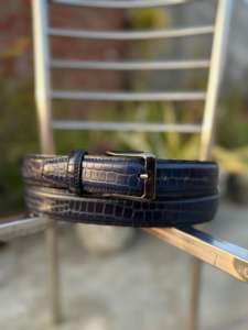 Ceinture en cuir de vachette véritable avec boucle ardillon western en fer, finition gravée crocodile noir, largeur 3,5 cm, personnalisable, décontractée, 120 cm, broderie - Product Image 3