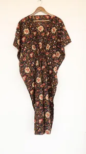 Vestido Kaftán Negro con Estampado Floral Étnico, Cuello en V, Estilo Bohemio Holgado para Mujer, Ropa de Resort, Vestido Casual de Verano - Product Image 3