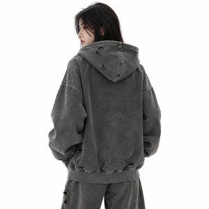 Sweat à capuche zippé gris délavé et vieilli style streetwear Y2K, sweat-shirt molletonné oversize, vente en gros de sweats oversize - Product Image 2