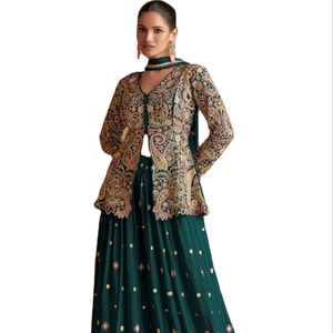 Lehenga Choli Verde Tradicional de Diseñador RN, Última Moda, Cosido, para Novia, Boda, Fiesta, Chinon, Corte Ajustado, Reversible, Protección Solar - Product Image 1