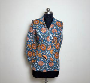 Chemise en coton imprimé floral à manches longues pour femmes, imprimé en blocs, bouton en dentelle bleu orange pour printemps/été décontracté ODM - Product Image 1