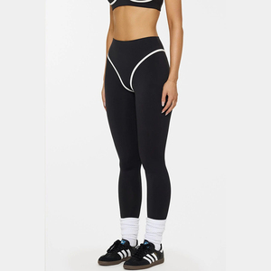 Women's <b>Black</b> Yoga Set With White Contrast Binding Halter <b>Top</b> High Waist Leggings Full Length Zipper Front Jacket 2 Piece Set - Product Image 6