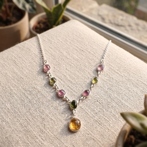 Natural Multi Tourmaline Necklace 925 Sterling Silver Handmade Gemstone Adjustable Link Chain Necklace Minimalist <b>Gift</b> for Women - Product Image 3
