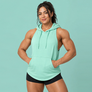 Camiseta sin mangas con capucha y logo frontal transpirable para mujer, top deportivo de alta calidad, chaleco deportivo con espalda cruzada, sudadera con capucha tipo stringer - Product Image 1