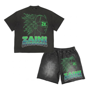 Ensemble T-shirt et short en coton doux 280 GSM, noir, impression DTF, logo personnalisé, streetwear décontracté haut de gamme - Product Image 2