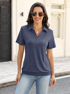 Women's <b>Navy</b> Blue Short Sleeve Solid Color Knitted Polo Shirt Casual Style Regular Length - Product Image 5