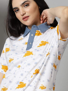 เสื้อโปโลสีขาวสำหรับผู้หญิง พิมพ์ลายสีเหลือง แขนสั้น ทรงปกติ สวมใส่สบายๆ สำหรับฤดูใบไม้ผลิและฤดูร้อน ผ้าทอระบายอากาศได้ดี - Product Image 4