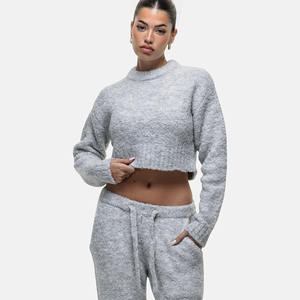 Suéter corto de punto con cuello alto gris para mujer, top informal de manga larga para otoño - Product Image 5