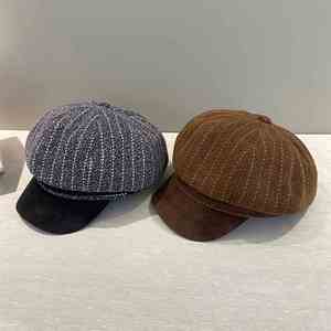 Striped Wool Newsboy Cap Unisex Autumn Spring Casual Hat 56-58CM Adult <b>Beret</b> Style - Product Image 2