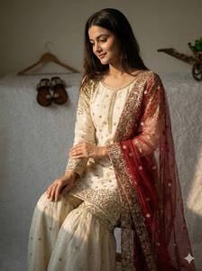 Ensemble de costume Gharara en soie Fendy pour femmes – Salwar Kameez avec broderies lourdes et sequins, et dupatta en tulle, idéal pour les mariages - Product Image 3