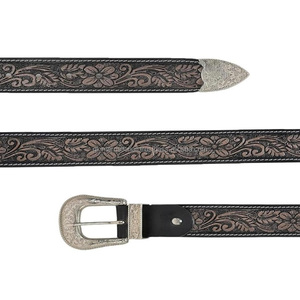 Ceinture en cuir occidentale pour hommes et femmes, en cuir de vachette gaufré floral, durable, style Rodeo, pour jeans, tenues décontractées et tenues de style country - Product Image 2