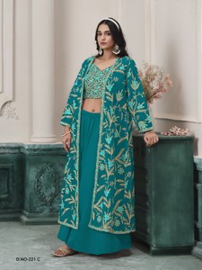 Salwar Kameez pour femme en faux georgette turquoise brodé de sequins (longueur midi, coupe classique) pour mariage, fête, Diwali - Product Image 6
