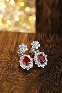 Classic 925 <b>Silver</b> <b>Drop</b> <b>Earrings</b> With Oval Ruby And Diamond Flower Design For Women Wedding Jewelry - Product Image 5