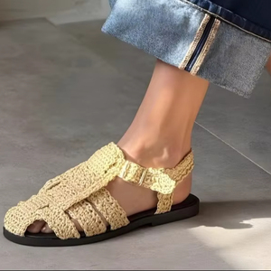 Beige Handwoven Raffia Gladiator Sandals | Crochet Barefoot Sandals | <b>Summer</b> <b>Flats</b> - Product Image 1