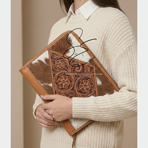 SEHRAINN Vintage Tooled <b>Leather</b> Portfolio <b>A4</b> Organizer Zipper Case Hair On Cowhide Flowers Durable <b>Document</b>/Certificate <b>Holder</b> - Product Image 3