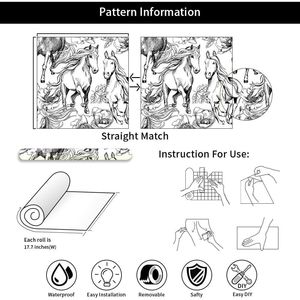 Papel Tapiz Moderno con Diseño Floral de Peonías y Caballos, Blanco y Negro, Autoadhesivo, Fácil de Aplicar - Product Image 2