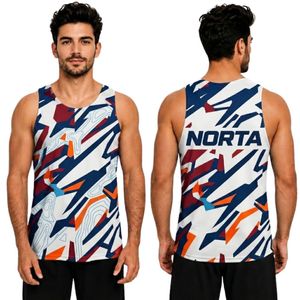 Angular Sublimated <b>Navy</b> Orange Geometric Print 220 GSM Polyester Interlock Mesh High Elasticity Athletic Fitness Singlets - Product Image 1