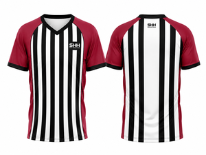 Maillot d'arbitre personnalisé pour homme, noir et blanc rayé, manches contrastées rouges, col en V, manches courtes, maillot de performance pour arbitres de basketball - Product Image 4