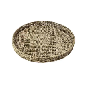 Plateau de service surdimensionné en jonc de mer bohème avec poignées, grand plateau décoratif pour ottoman, tissé à la main par des artisans vietnamiens - Product Image 1