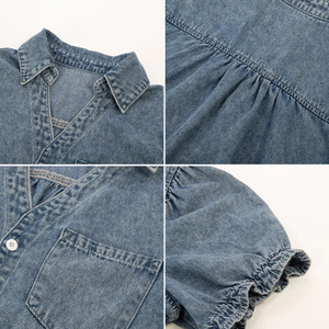 Camisa vaquera corta de moda para mujer de talla grande con estampado a cuadros rasgado, camisa vaquera transpirable de manga corta para mujer - Product Image 4
