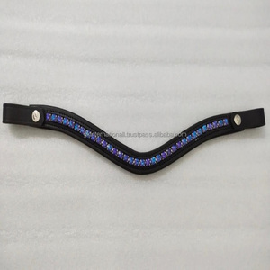 Logotipo personalizado hecho a mano de cuero inglés banda de cejas de caballo decorado con cristales azules y morados diamantes de imitación cadena ostentosa - Product Image 4