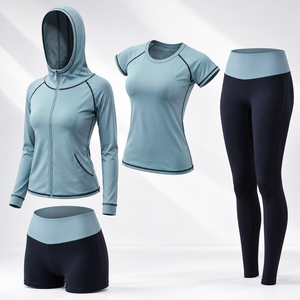 Ensemble de yoga pour femme 5 pièces personnalisé : leggings taille haute, shorts, t-shirt, sweat à capuche zippé, respirant, extensible, pour fitness et sport - Product Image 1