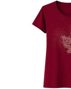 T-shirt en coton rouge rubis pour femme, imprimé floral avec strass, décontracté, manches courtes, haut d'été, fabrication sur mesure, fournisseur OEM - Product Image 3