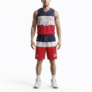 Ensemble de maillot et short de basket-ball personnalisé, couleurs bleu marine, blanc et rouge, respirant, en mesh, uniforme sportif - Product Image 1