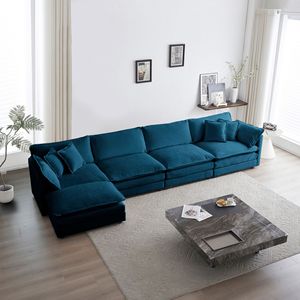 Divano Componibile a U in Ciniglia Blu, 5 Posti con 1 Pouf per Soggiorno - Product Image 2