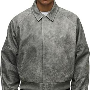 Chaqueta Bomber de Gamuza Gris para Hombre, Cuello Camisero, Cierre de Cremallera, Estilo Casual Otoñal, Corte Regular, Color Sólido, Exterior de Cuero PU - Product Image 3