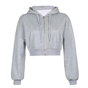Women's Gray <b>Cropped</b> Hoodie <b>Zip</b>-<b>Up</b> Sweatshirt Long Sleeve Solid Color Knitted Pullover Autumn Wear - Product Image 1