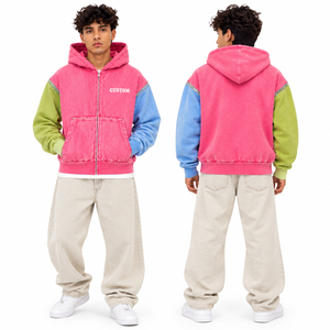 Custom Pink Acid Wash Color Block Full Zip Hoodie Heavyweight Fleece <b>Detachable</b> <b>Sleeve</b> Convertible Cropped Boxy OEM Streetwear - Product Image 3