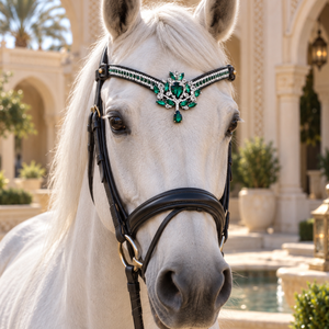 Fronture de cheval en cristal émeraude royal avec pierres marquise |   Bridon équestre en cuir personnalisable de qualité supérieure pour - Product Image 3