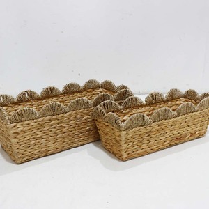 Handwoven Natural Hyacinth <b>Storage</b> <b>Basket</b> <b>Rectangle</b> Shape Scallop Edge Rustic Style Eco-Friendly Multi-Purpose Organizer - Product Image 5