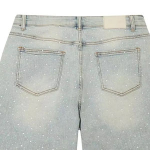 Shorts en jean pour hommes, coupe baggy, délavés à l'acide, bords bruts, style streetwear, avec strass et logo personnalisé - Product Image 3