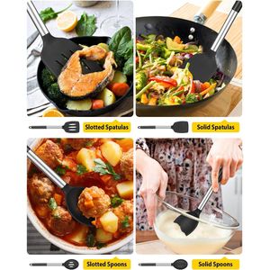 Set di 4 Utensili da Cucina in Silicone Senza BPA, Spatole Grandi Antiaderenti Resistenti al Calore, Cucchiai Forati Neri Stile Ki - Product Image 4
