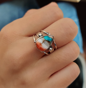 แหวนแต่งงานเงินแท้ 925 ประดับมุกและเทอร์ควอยซ์  ลดความวิตกกังวล  เครื่องประดับเทอร์ควอยซ์  ของขวัญแทนคำมั่นสัญญาสำหรับผู้หญิง  เครื่องประดับเงินสำหรับผู้หญิง - Product Image 1