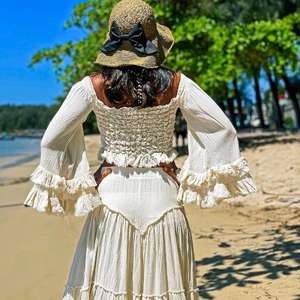 Ensemble deux pièces bohème pour femmes, haut court à épaules dénudées, jupe longue évasée, tenue de plage d'été, tenue bohème - Product Image 3