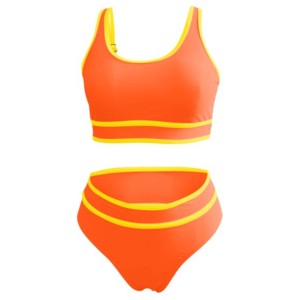 Conjunto de Baño Deportivo de 2 Piezas para Mujer, Color Naranja, Cuello Redondo, Sin Mangas, Pantalones Cortos de Cintura Alta, Spandex, Nailon, Secado Rápido, Ropa de Verano - Product Image 2