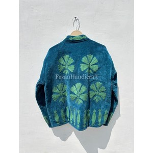 Neon Blue Velvet Jacket <b>Coat</b> Hand <b>Stitch</b> Cotton Jacket Unisex Winter Jacket Floral Embroidery Jacket Two Side Pocket - Product Image 6