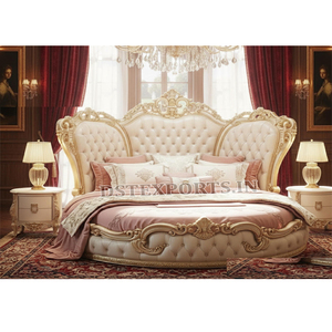 Lit rond King Size de style palais classique européen pour chambres de luxe, cadre de lit en bois sculpté à la main, mobilier de chambre moderne, best-seller aux États-Unis - Product Image 1