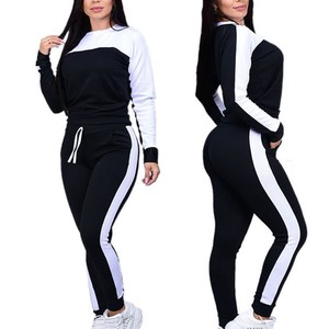 Ensemble de survêtement color block pour femme, manches longues, style sportif, avec pantalon de jogging, col rond, cordon de serrage, poches, en Spandex et Polyester, pour l'automne - Product Image 1