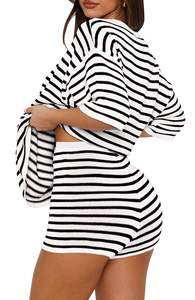 Women's Solid Knitted 2-Piece Set O-Neck <b>Three</b> <b>Quarter</b> Sleeve Regular Fit Knee Casual Top Shorts Breathable Hollow Design 100% - Product Image 6