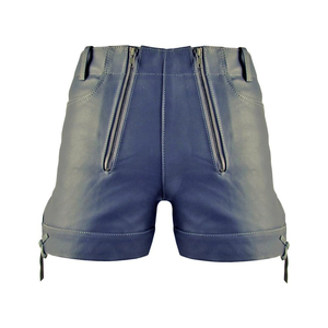 Shorts en cuir bleu taille haute pour homme avec fermeture éclair, style moto - Product Image 1