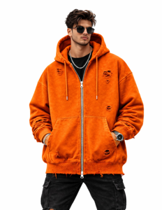 Sweat à capuche zippé pour homme, orange, effet vieilli, coupe oversize, style vintage, déchiré, en polaire, streetwear, avec poches - Product Image 1