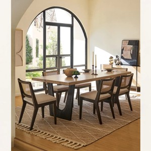 Ensemble de salle à manger en bois de style moderne du milieu du siècle, table rectangulaire avec chaises à dossier en rotin, ensemble de 7 pièces pour usage en ferme et en hôtel - Product Image 3