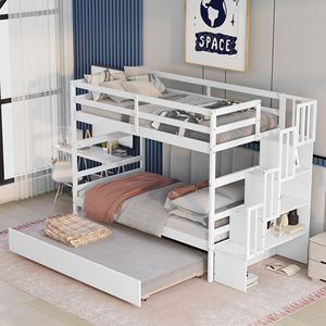 Letti a castello bianchi con due letti singoli, letto estraibile e funzione di contenimento sotto la scala per bambini - Product Image 3