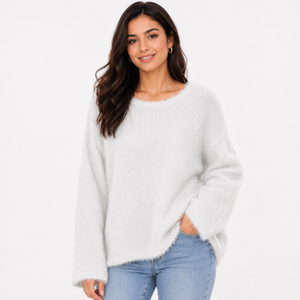 Women's Chunky Knit Sweater Soft Cat Feather Effect Mossi <b>Yarn</b> Pullover Crew Neck Relaxed Fit | OEM ODM Manufacturer Bangladesh - Product Image 1